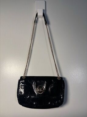 Michael Kors Black Croc-Embossed Shoulder Bag with Gold Chain Strap